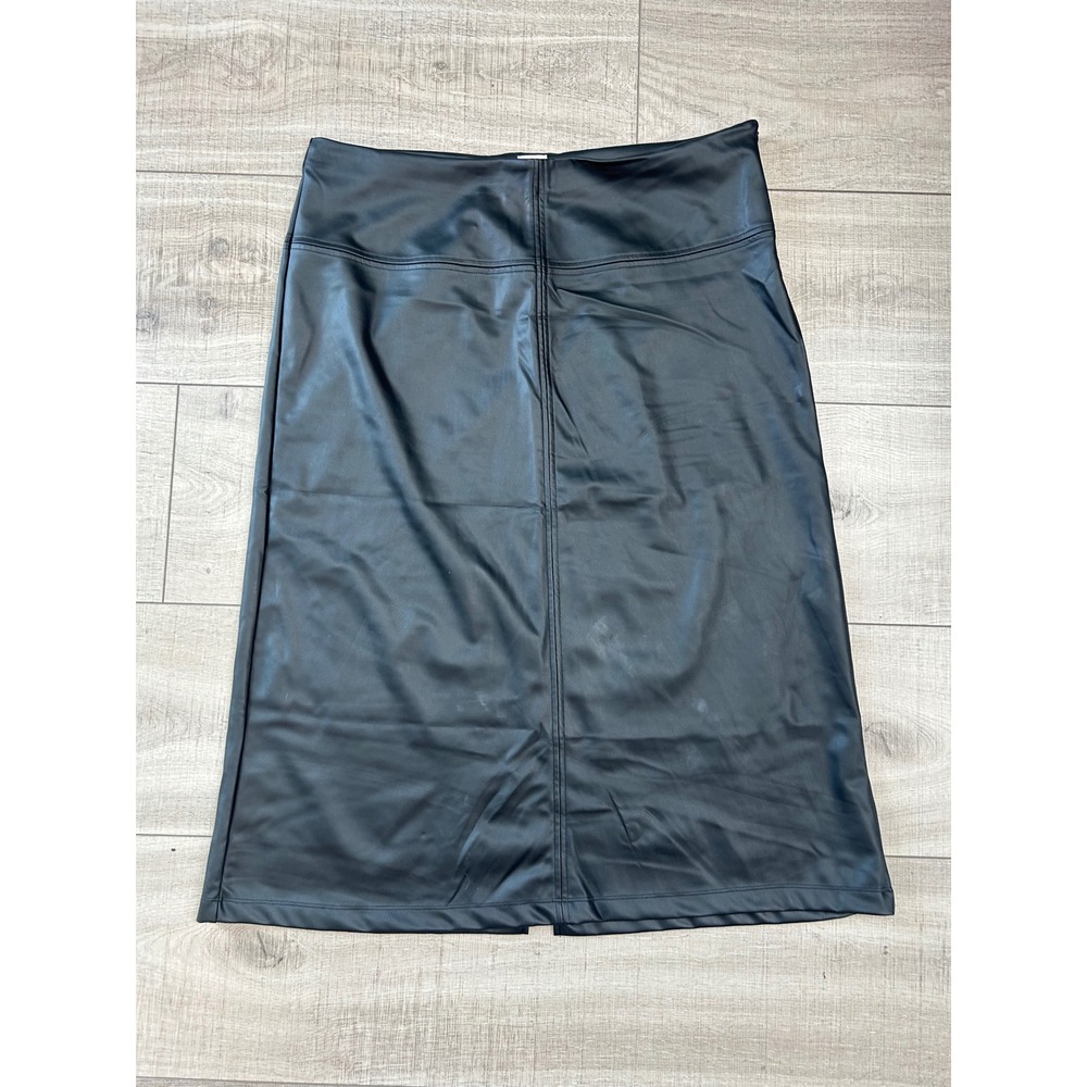 A New Day Black Faux Leather Midi Skirt Size 16 High Waist Back Slit NWT